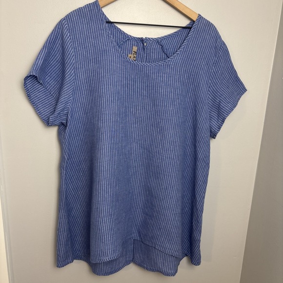 Flax Women's Medium Linen Button Back Tunic Oversized Blue Striped Boho - Picture 1 of 10